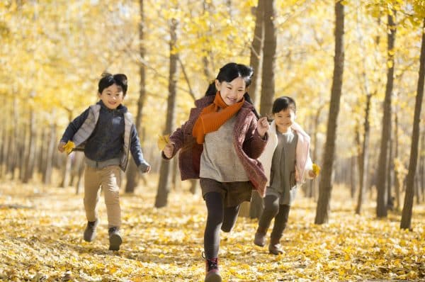 Three children running in autumn woods