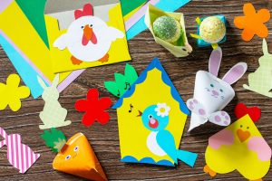 Easter bunny, easter eggs and other spring festive childrens paper craft. Handmade.