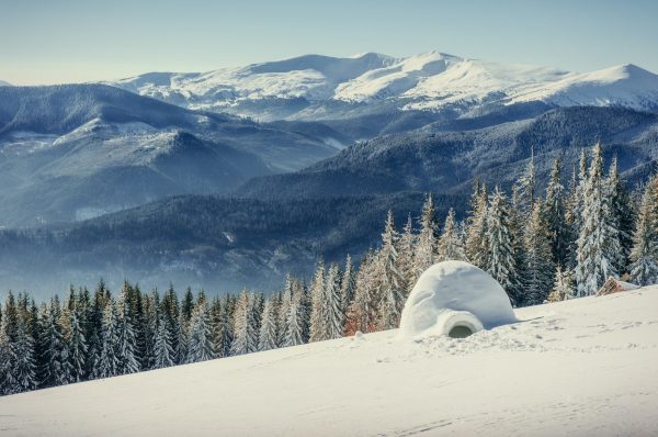 yurt in winter fog mountains. Carpathian, Ukraine, Europe